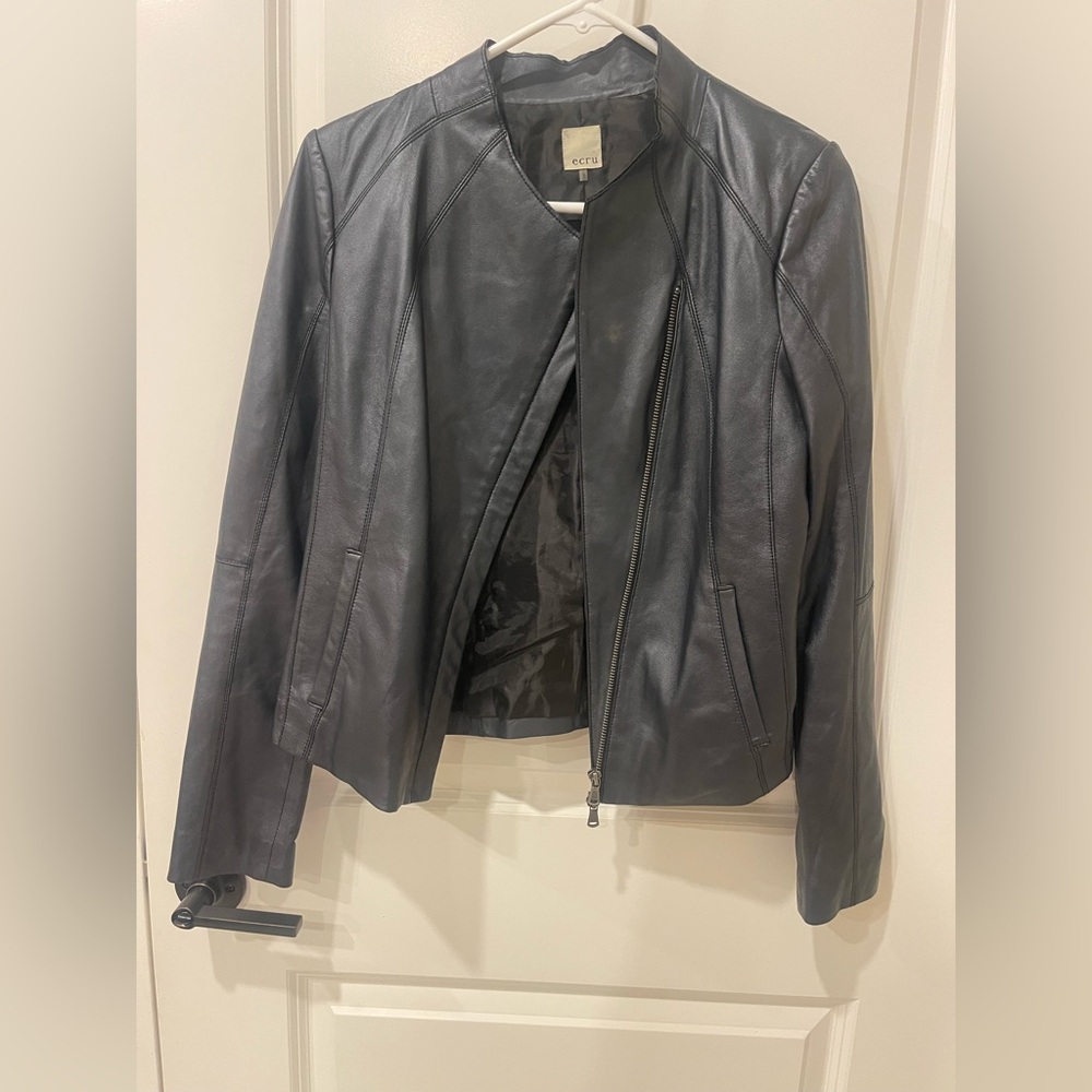 Ecru Navy Blue Leather Biker Jacket Size Small